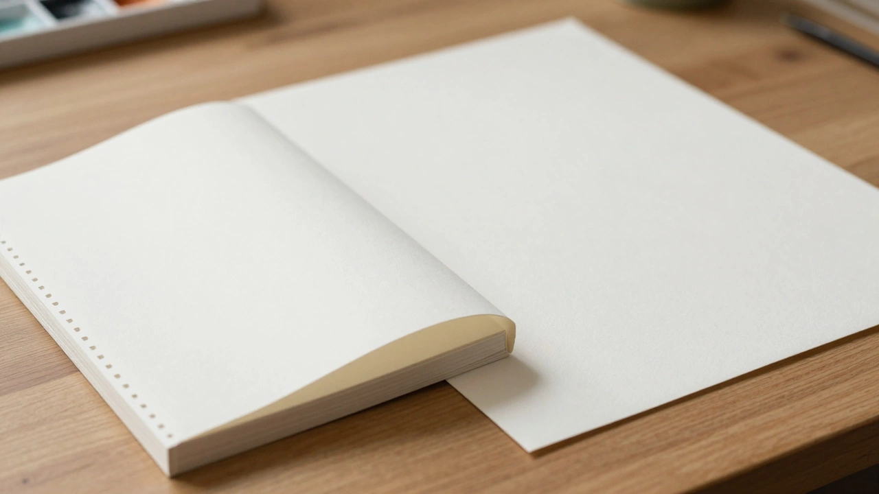 Watercolor block pad and flat heavy paper on a studio desk