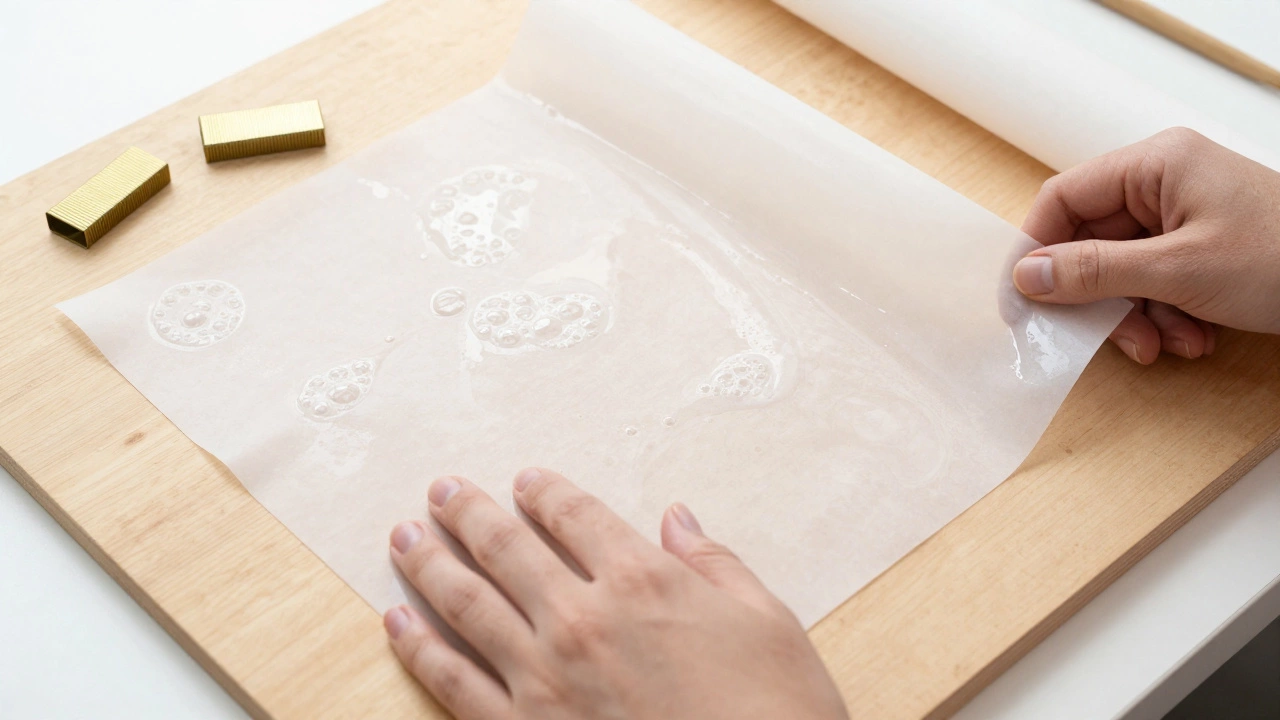 Wet watercolor paper being smoothed onto a board for stretching