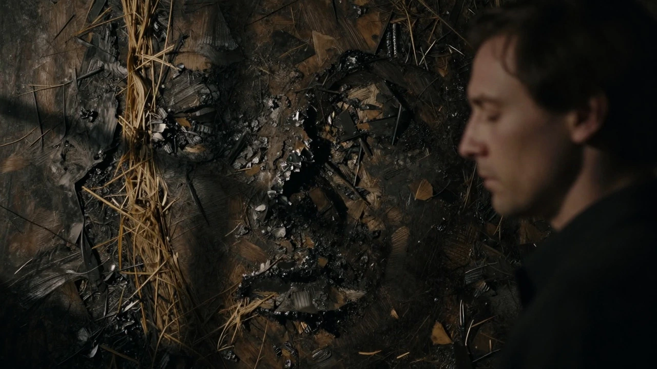 A person reflecting emotionally before a dark, textured contemporary painting