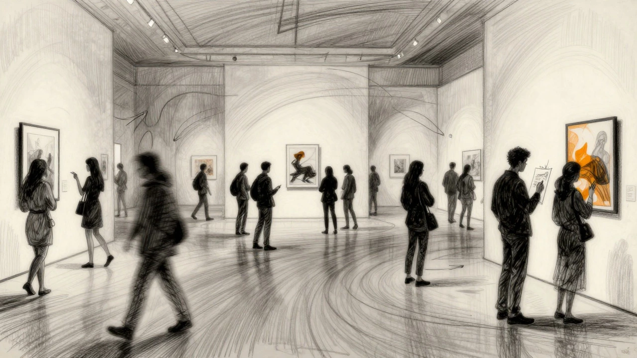 Abstract line art showing visitor flow and sketching etiquette in a museum
