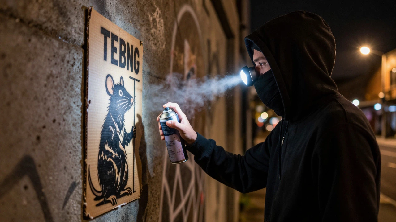 Anonymous artist applying a political stencil to a wall at night