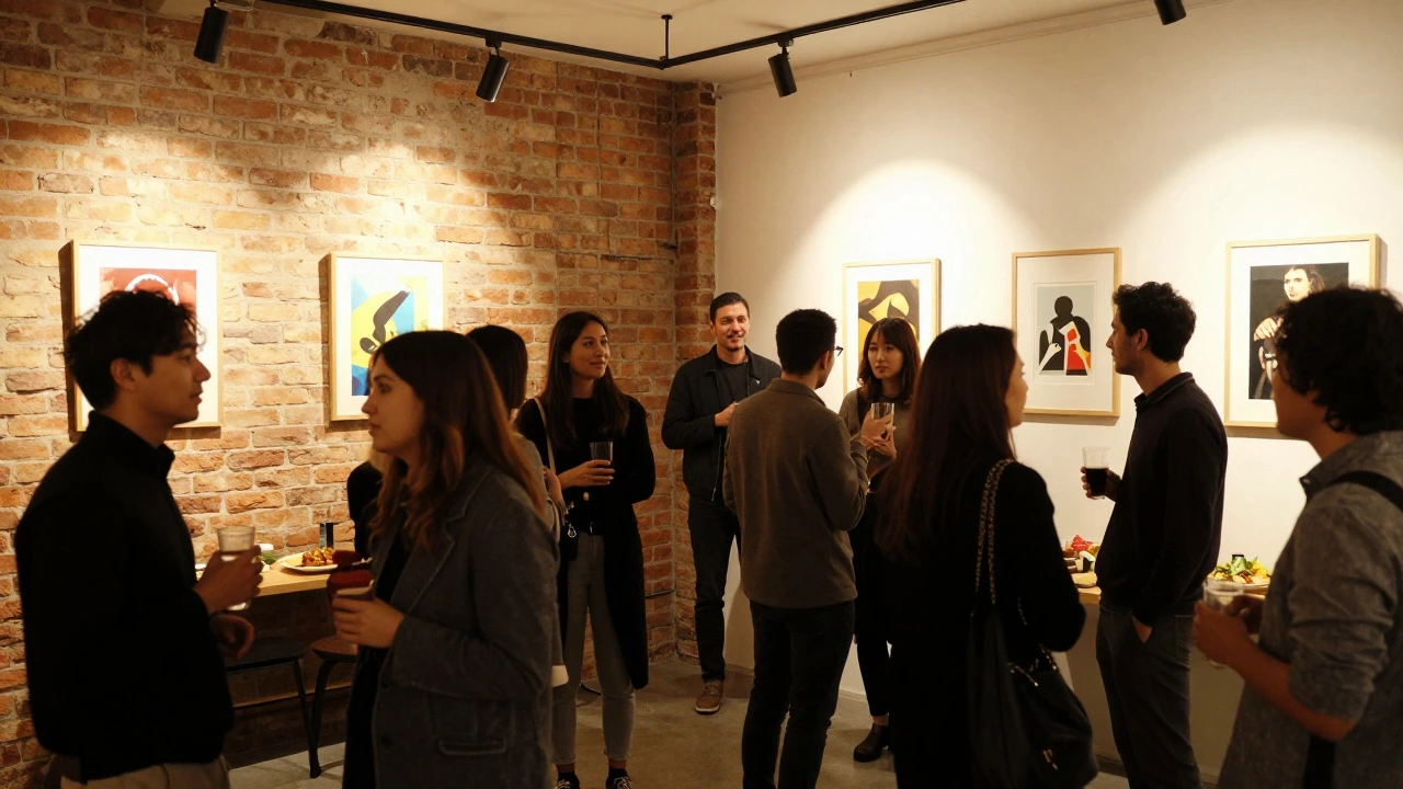 Crowd mingling at intimate art exhibition opening night in alternative space