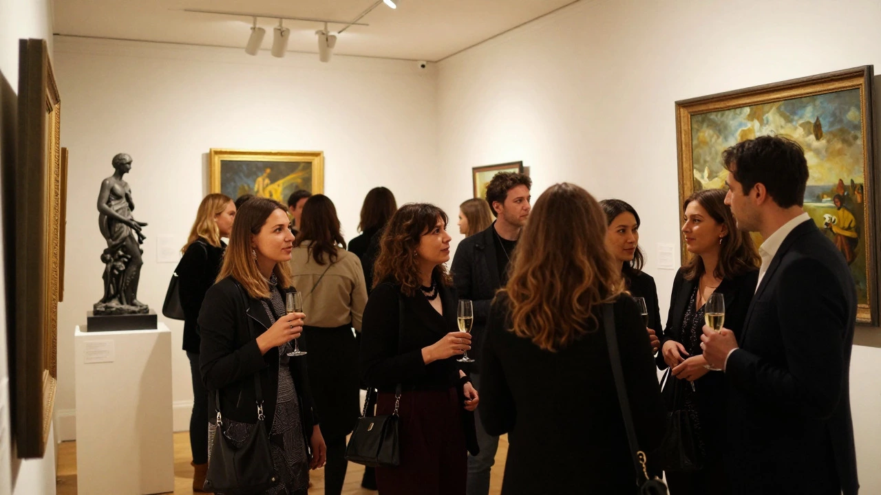Crowd networking at a glamorous gallery opening night event