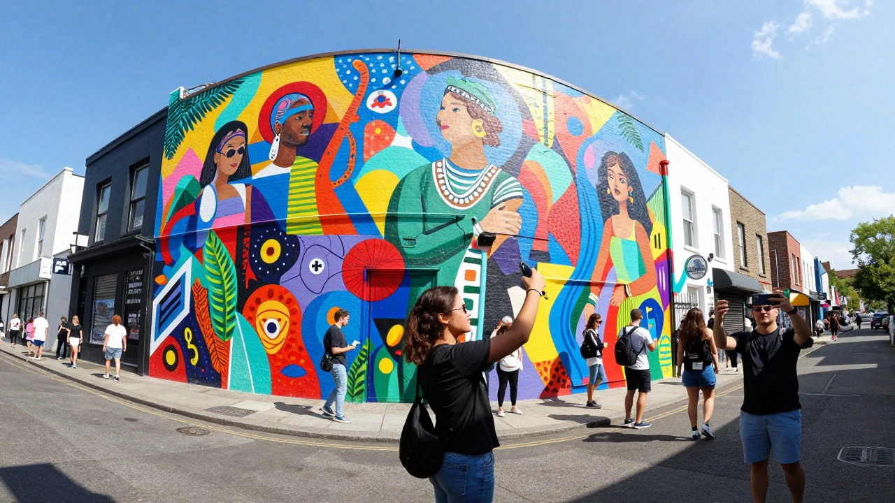 Crowd taking photos in front of a large, colorful community mural
