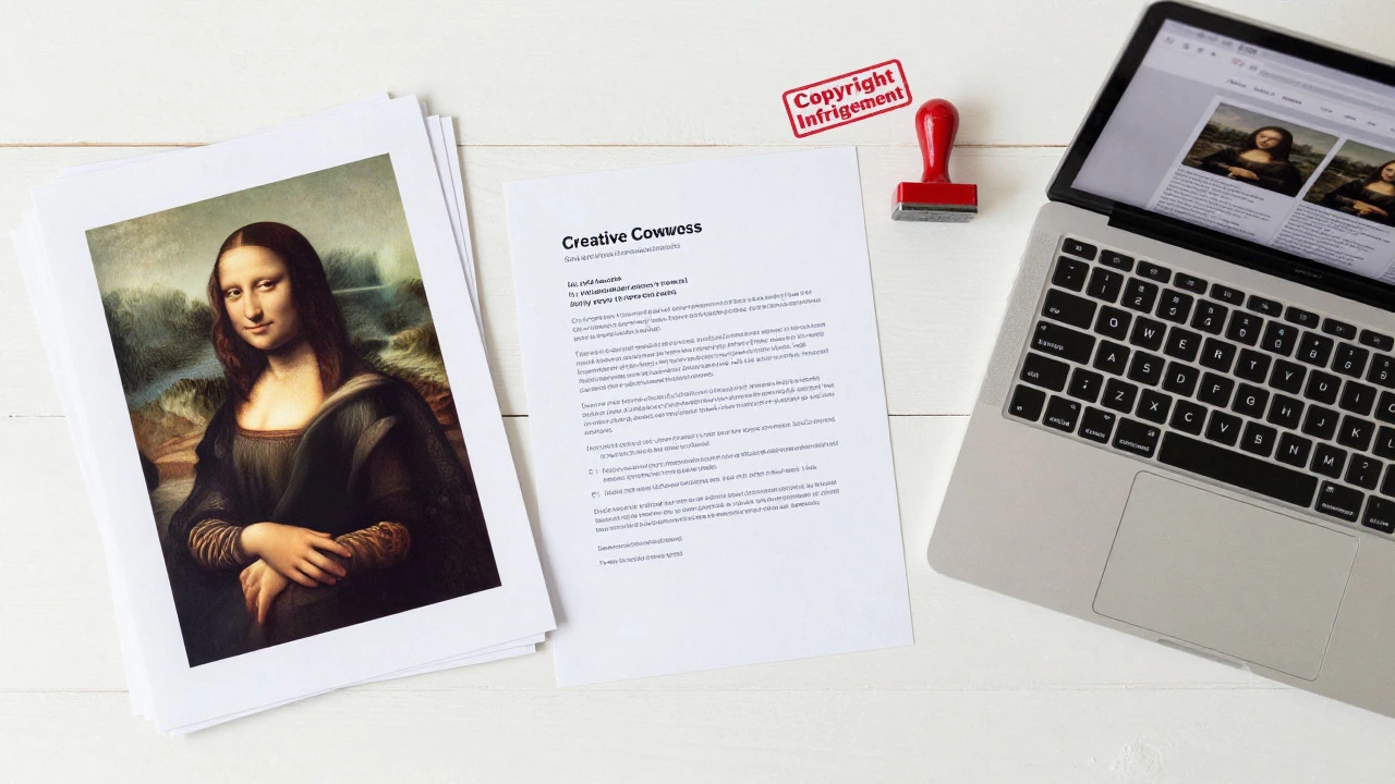 Desk with public domain prints and licenses, avoiding infringement
