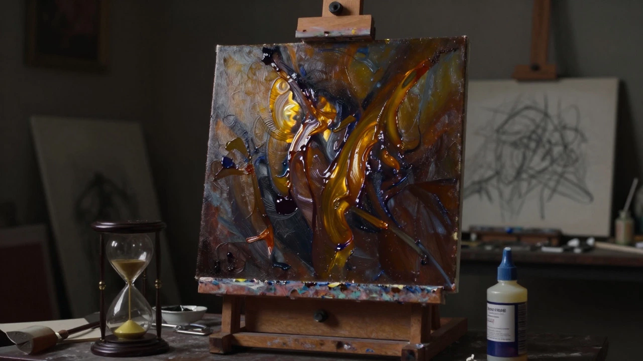 Glossy finished oil painting on an easel with varnish bottle and clock in foreground