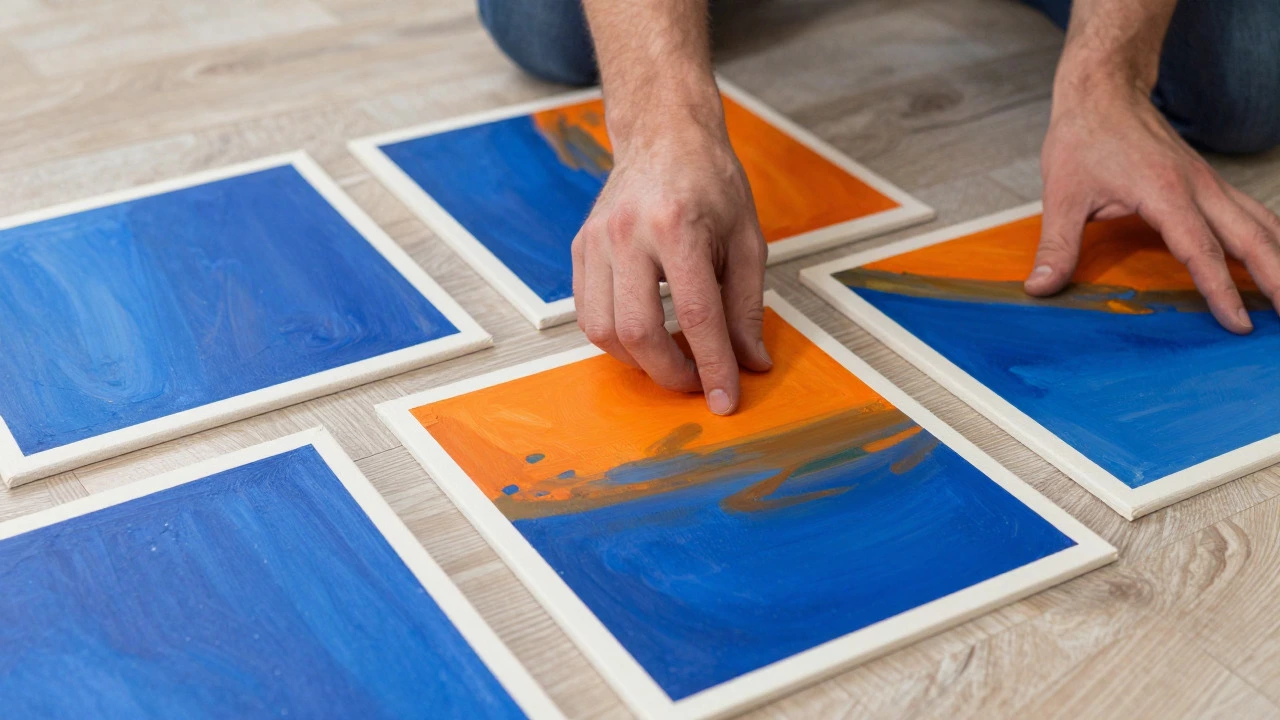 Hands curating selected paintings on floor, organizing cohesive color themes
