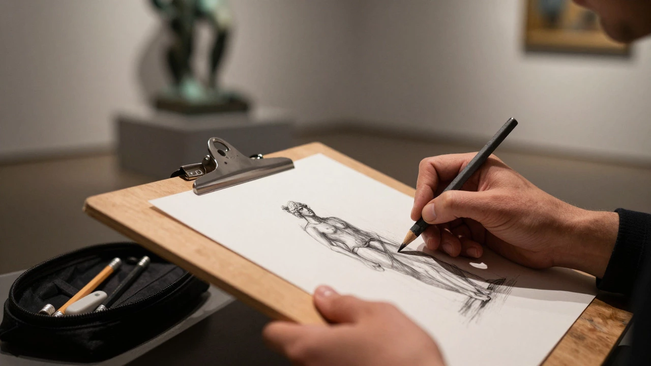 Hands using graphite to sketch a sculpture in a dimly lit gallery