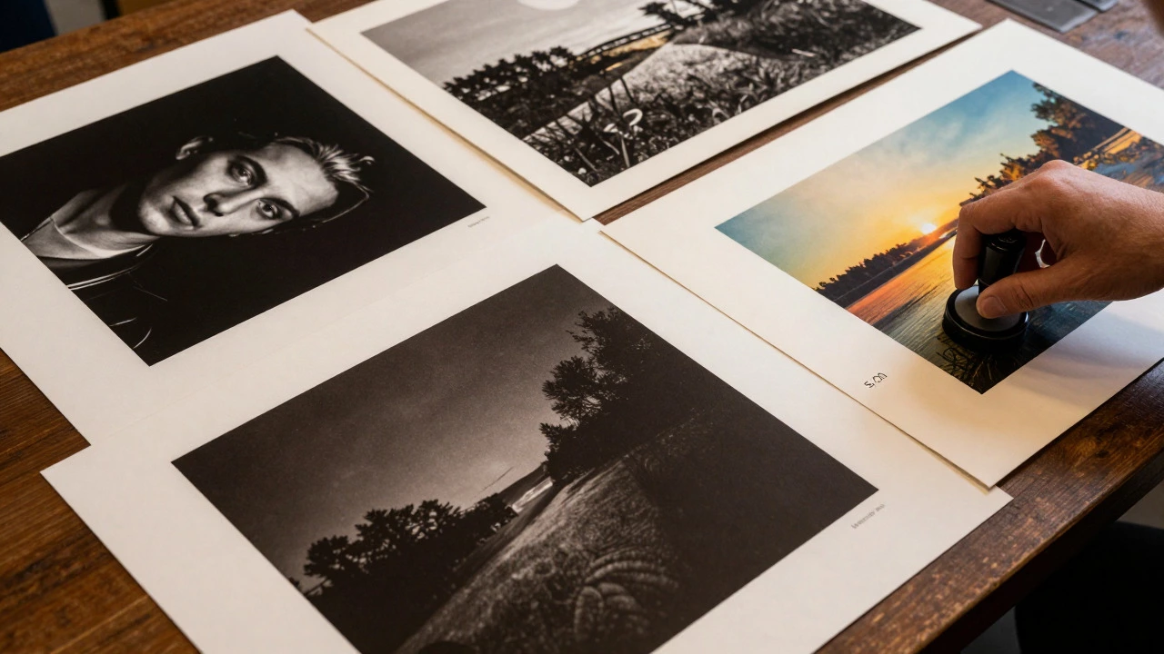Large format art prints on a table with a hand signing a limited edition