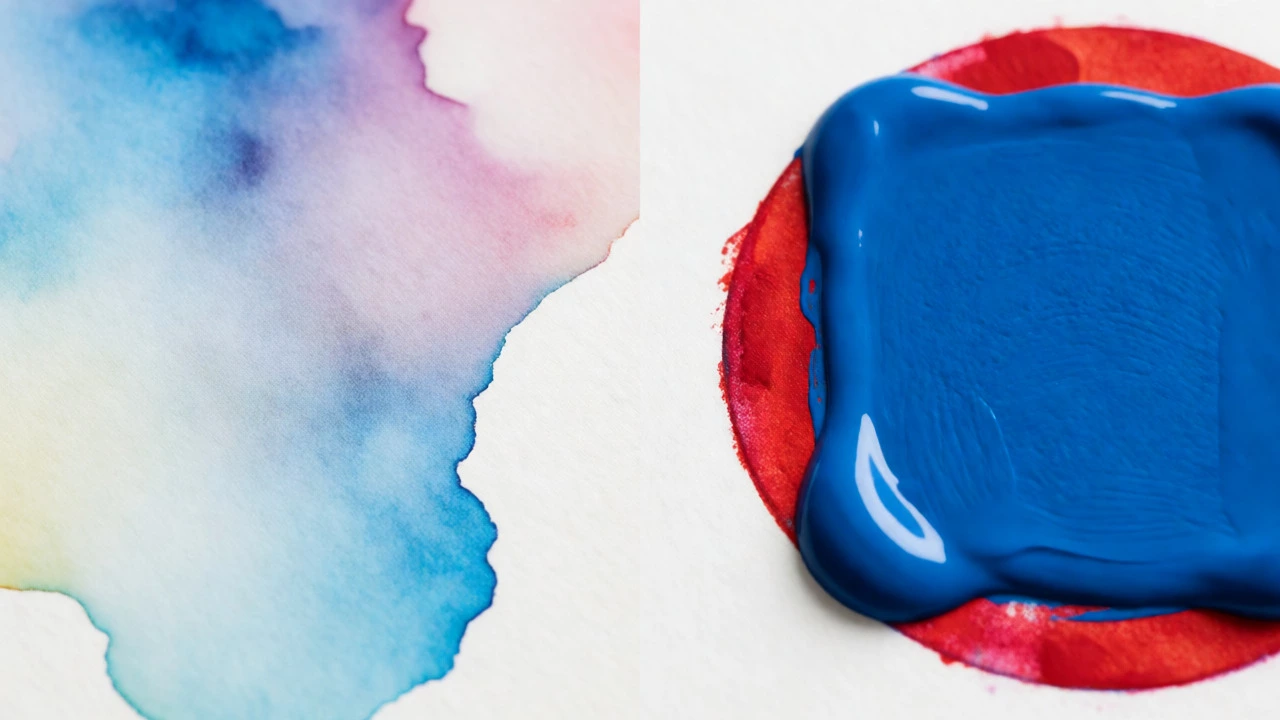 Macro comparison of transparent watercolour bleeding on paper vs opaque acrylic layers.