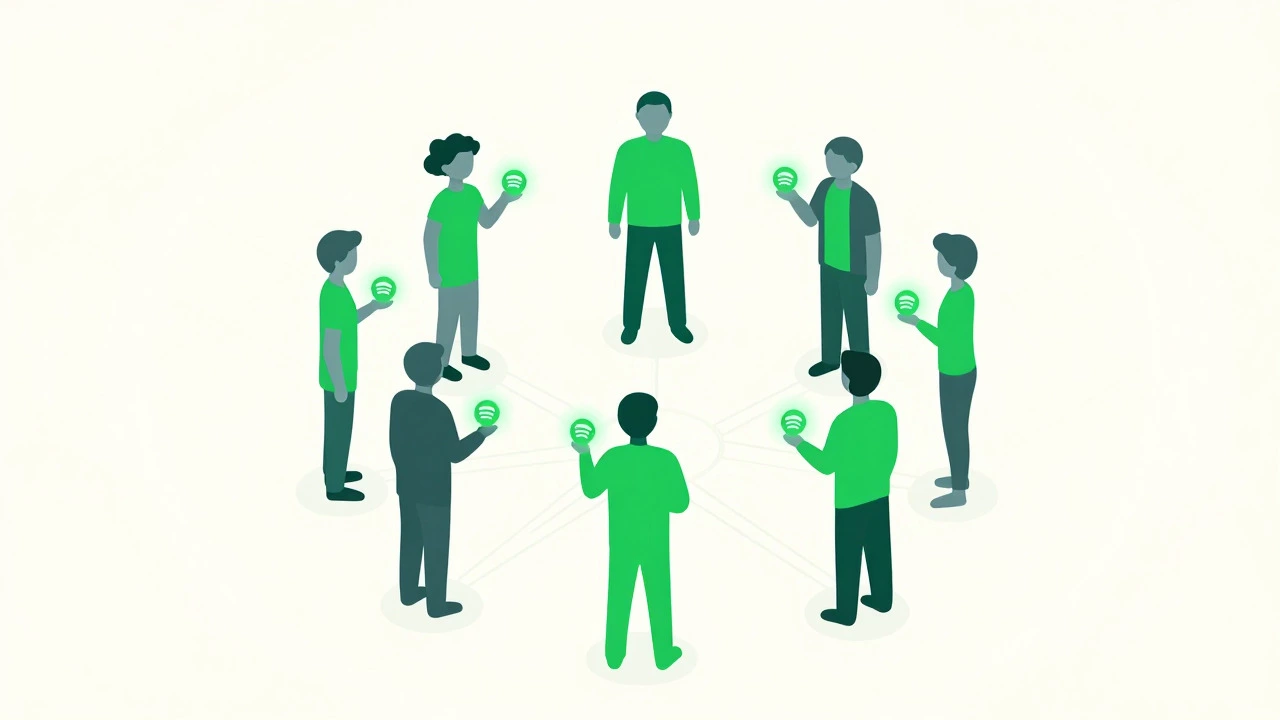 Minimalist illustration of six connected figures holding glowing green orbs