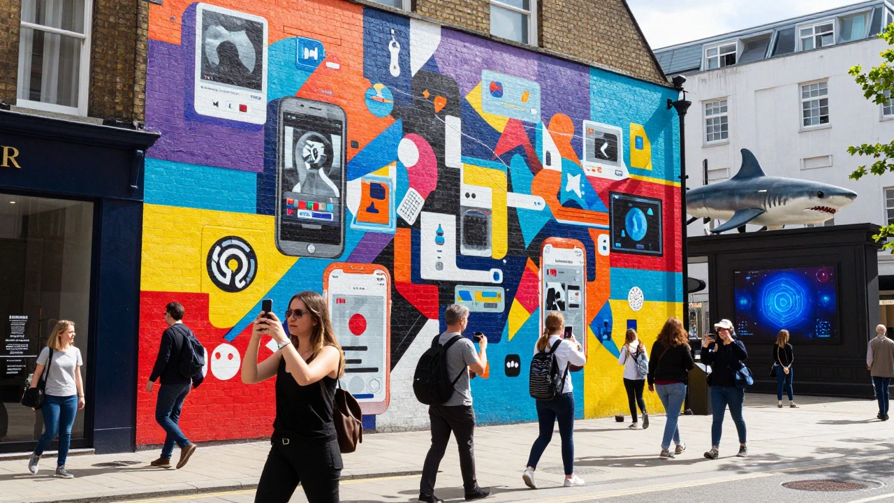 Pedestrians viewing a vibrant digital-themed mural on a city street