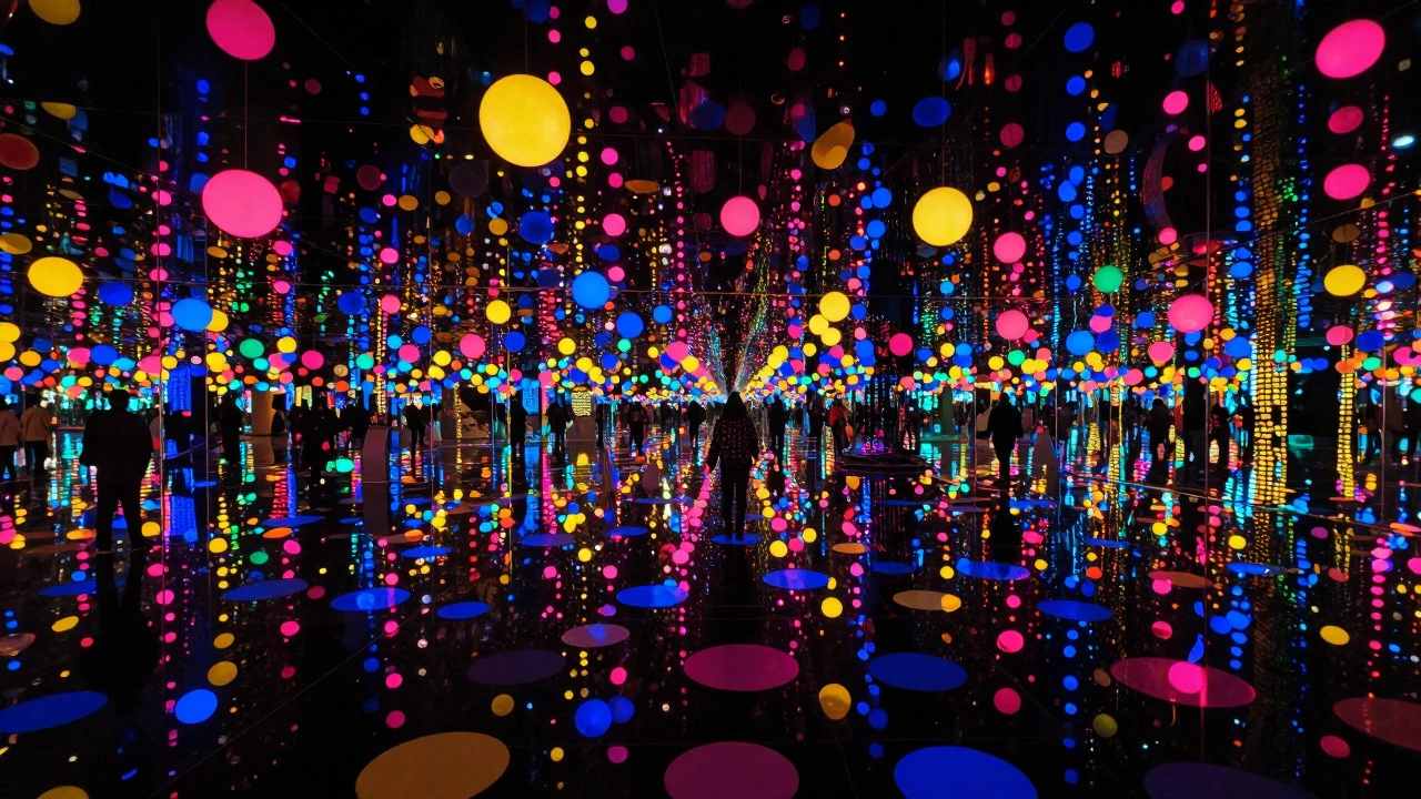 Person standing inside a mirrored infinity room with lights