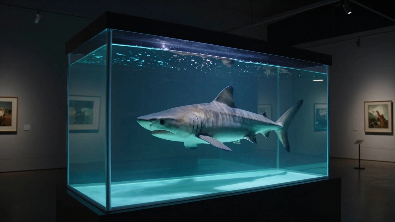 Preserved shark in a glass tank inside a gallery