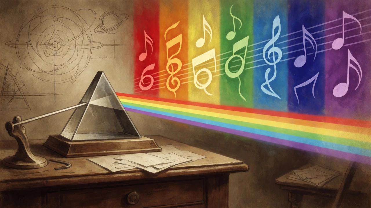 Prism refracting light into rainbow colors with musical notes