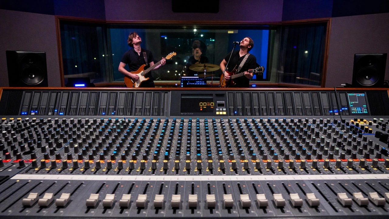 Rock band performing in a studio with mixing console faders