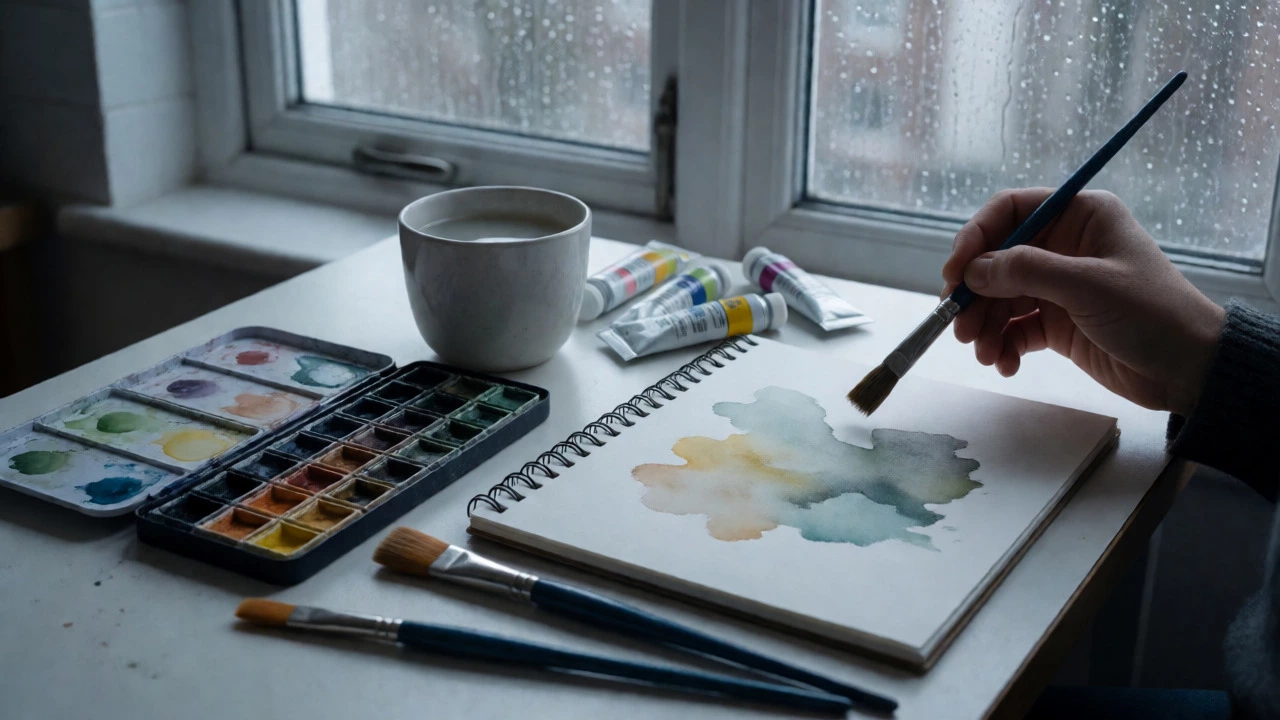 Small kitchen table setup with watercolour and acrylic supplies near a rainy window.