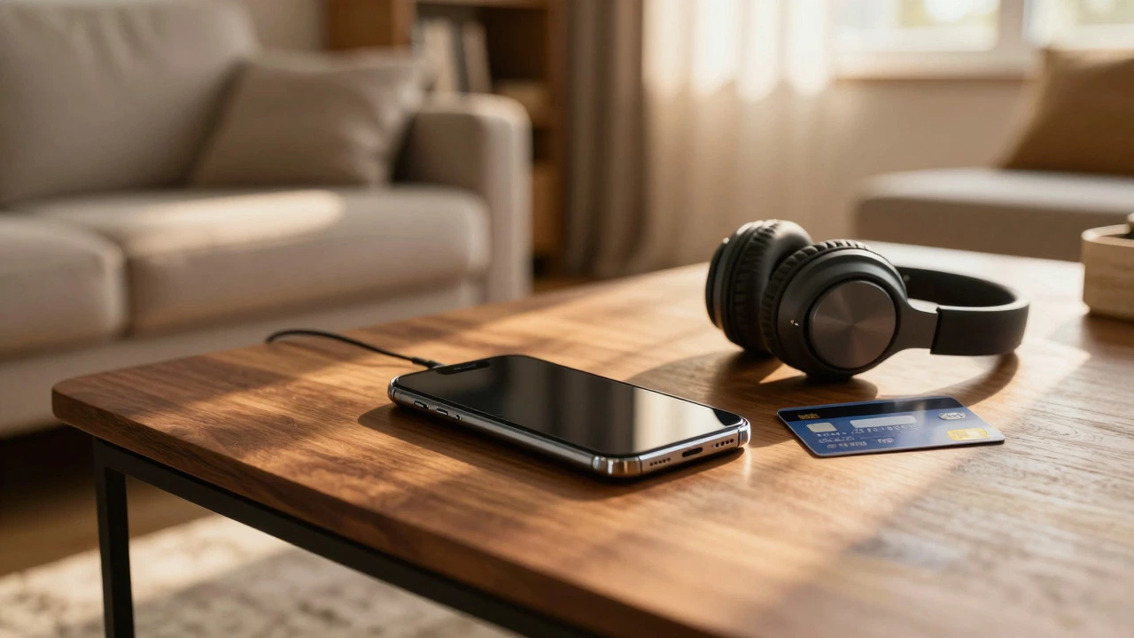 Smartphone and headphones on a wooden table with a credit card in warm sunlight