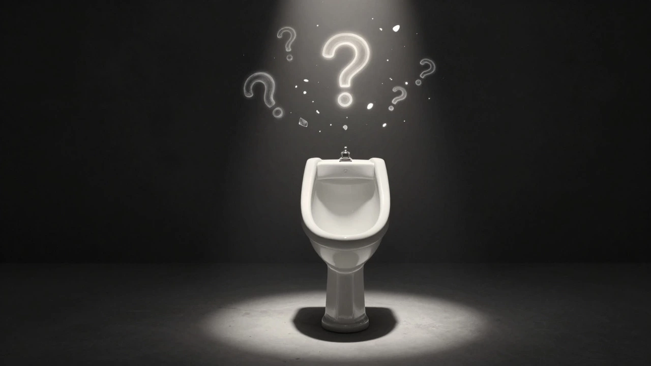 Spotlit urinal surrounded by floating abstract concept symbols