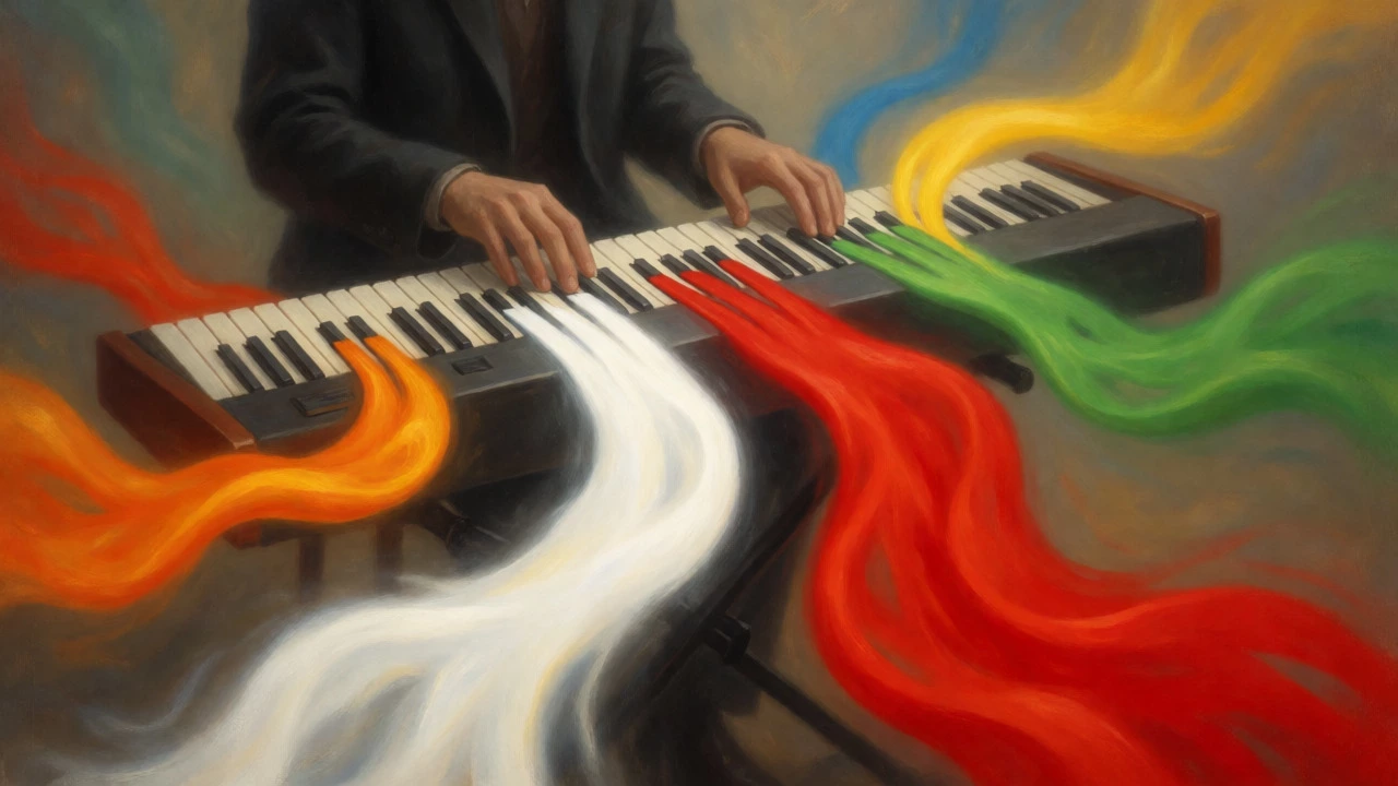 Surreal piano scene with colorful liquid streams flowing from keys