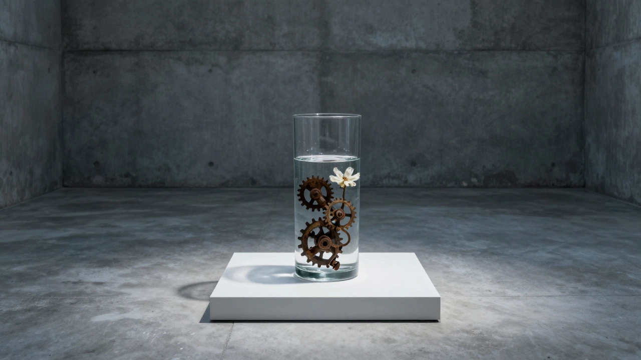 Surreal still life of industrial gears submerged in a glass vase on a pedestal