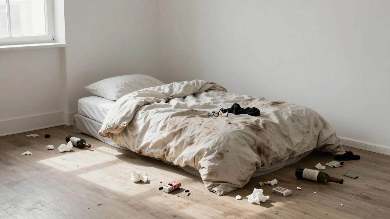 Unmade bed with personal items in a white room