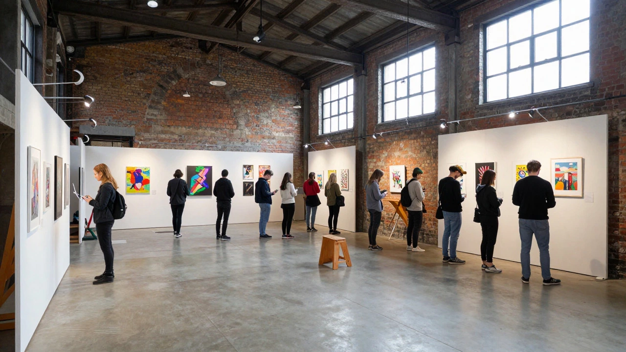 Vibrant pop-up art show in an industrial warehouse setting