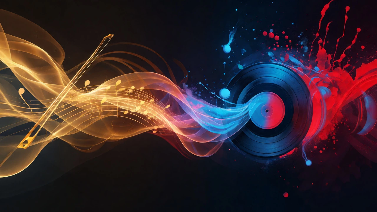 Abstract blend of golden classical notes and colorful modern sound waves