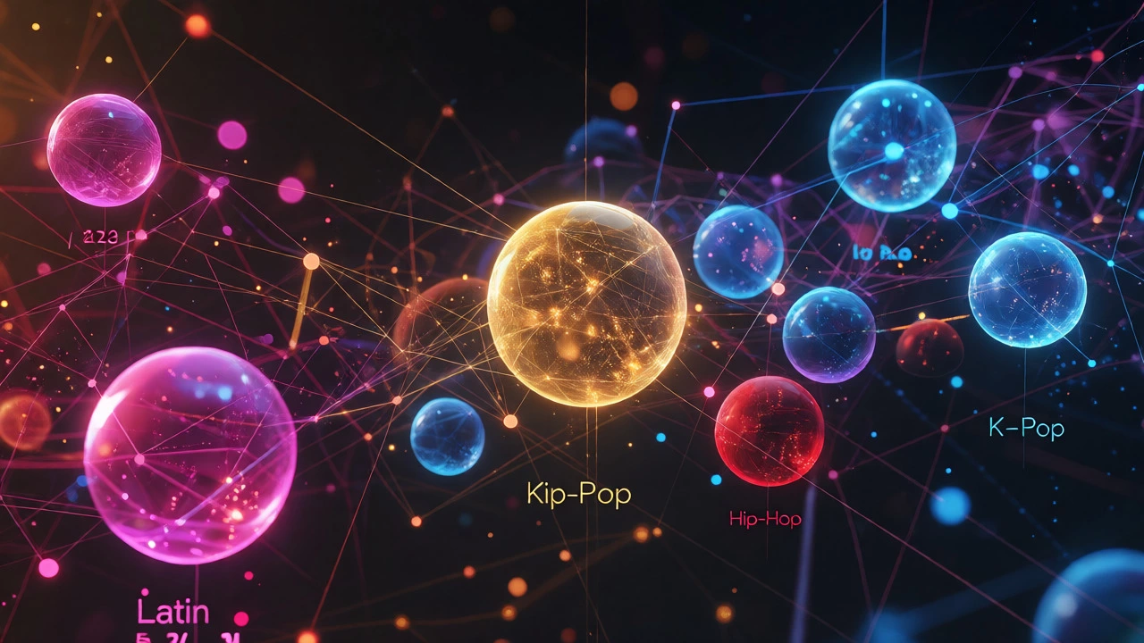 Abstract digital visualization of glowing interconnected orbs representing music metrics.