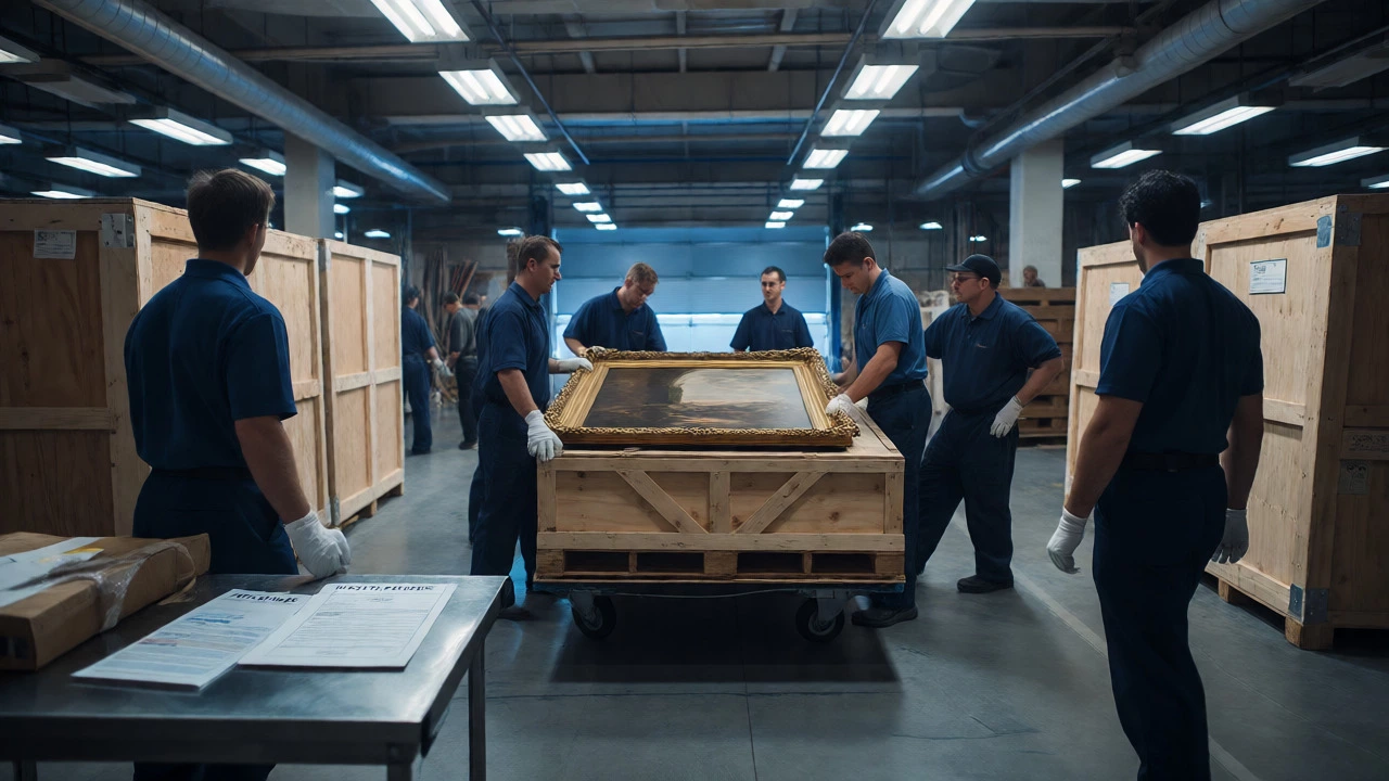 Art handlers unpacking a painting in a museum storage area