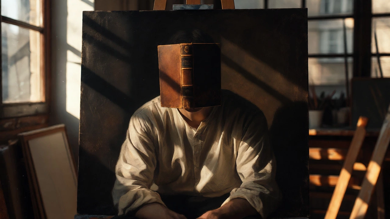Close-up of a painting where a book covers the figure's face, lit by sunlight.