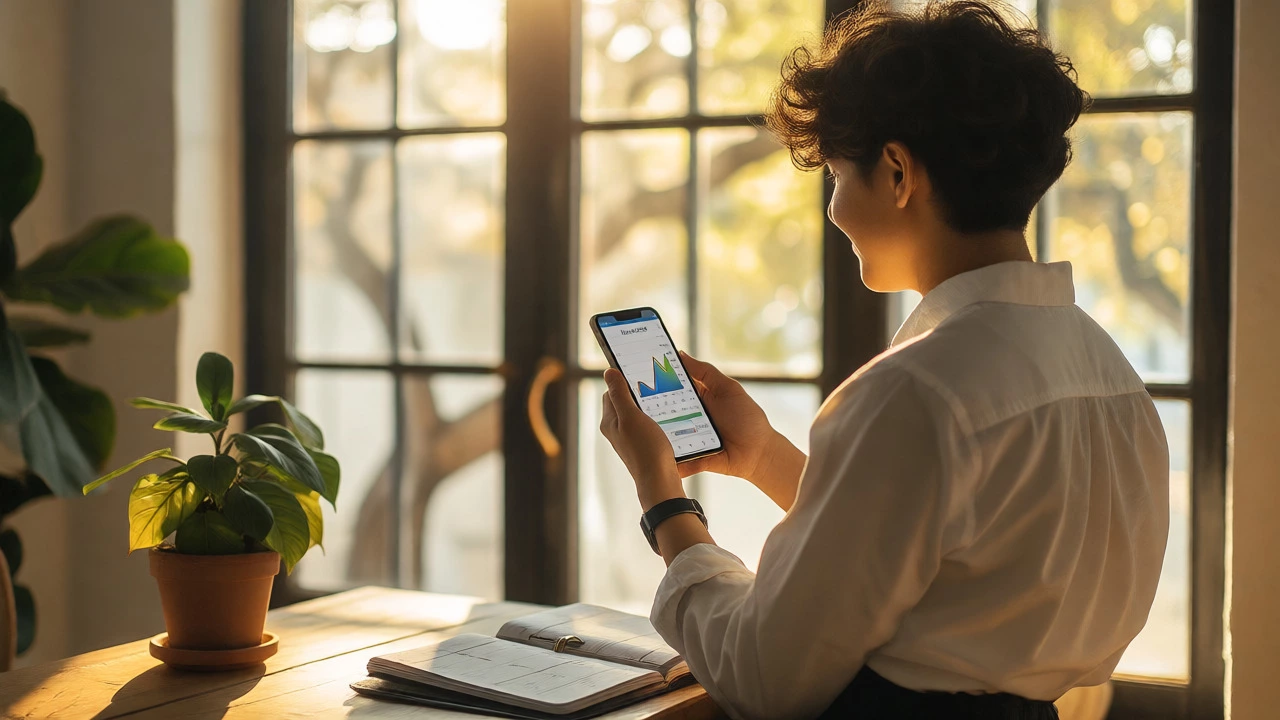 Confident entrepreneur checking revenue on phone in sunny room