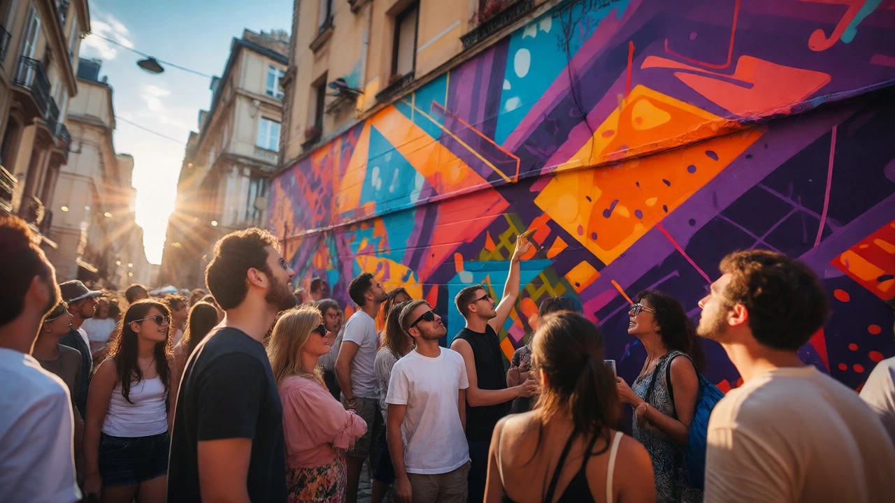 Crowd viewing a vibrant street mural at a city festival