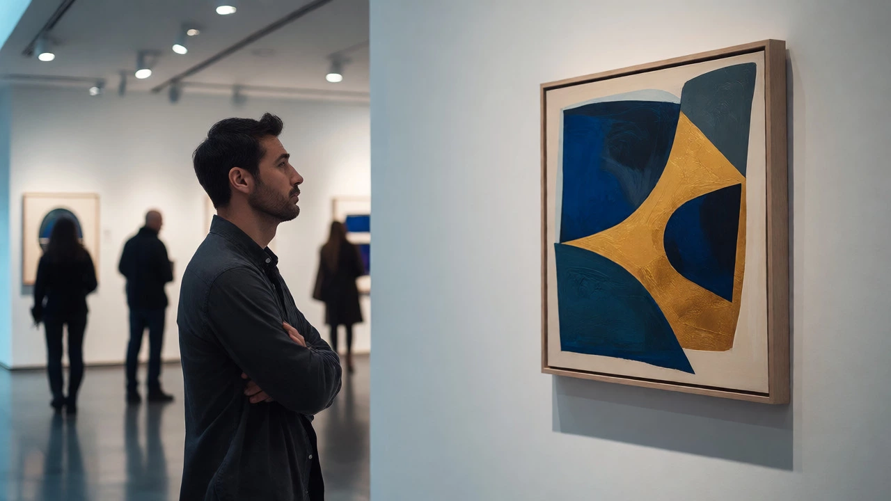 Curator evaluating an abstract painting in a modern white-walled gallery.