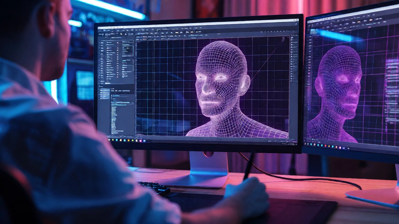 Digital artist viewing 3D wireframe topology on glowing computer monitors