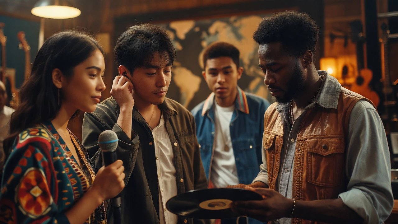 Diverse group of musicians from various cultures sharing a collaborative moment.