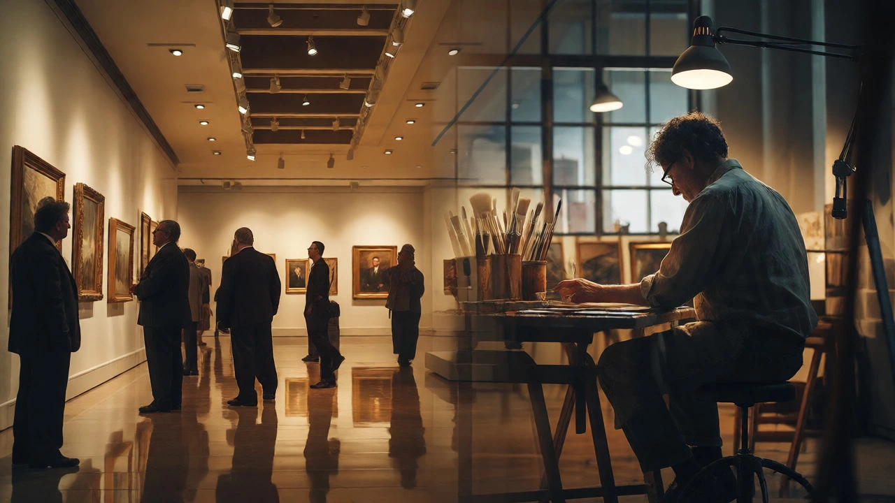 Double exposure of an auction house and an artist studio