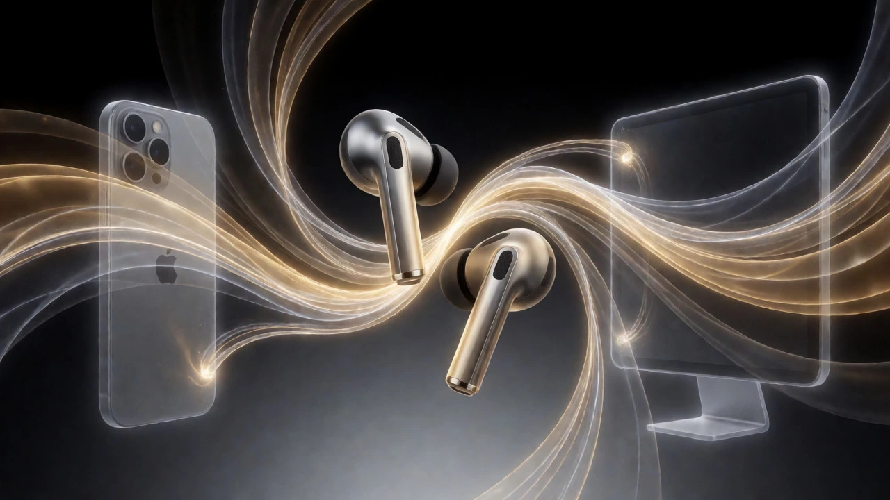 Earbuds surrounded by abstract spatial audio light streams