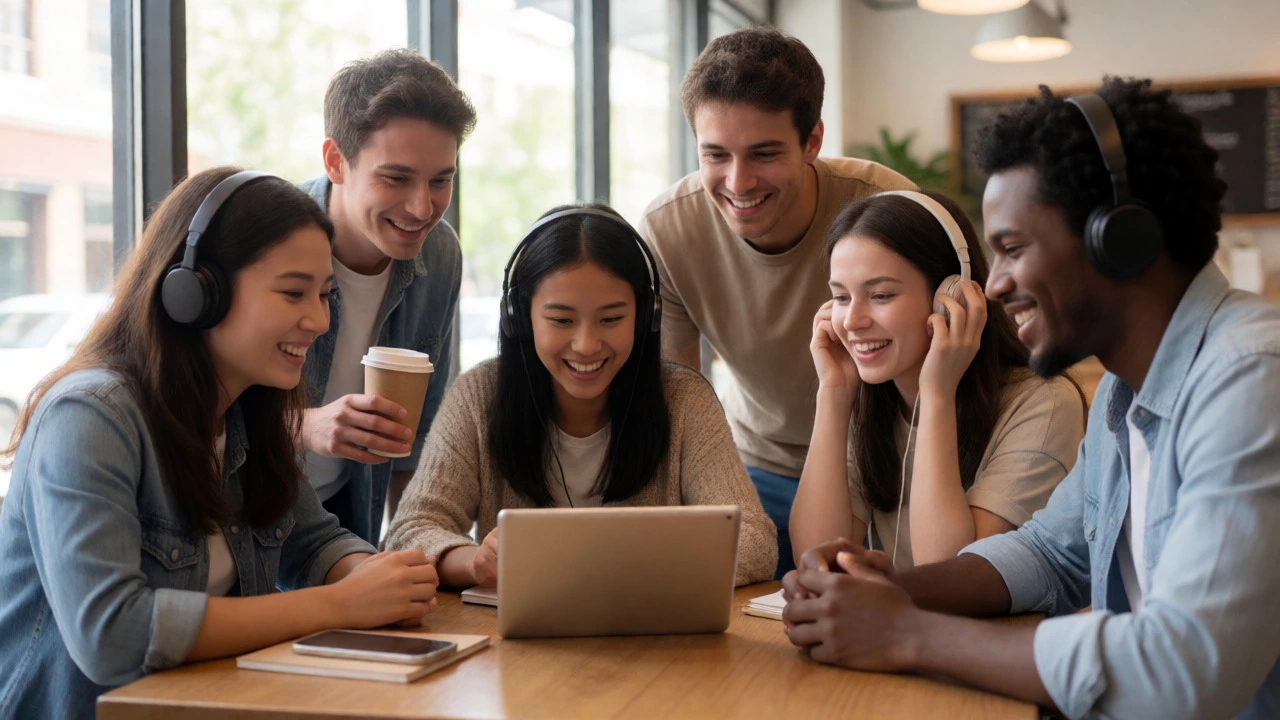 Group of friends sharing music on a tablet in a cafe