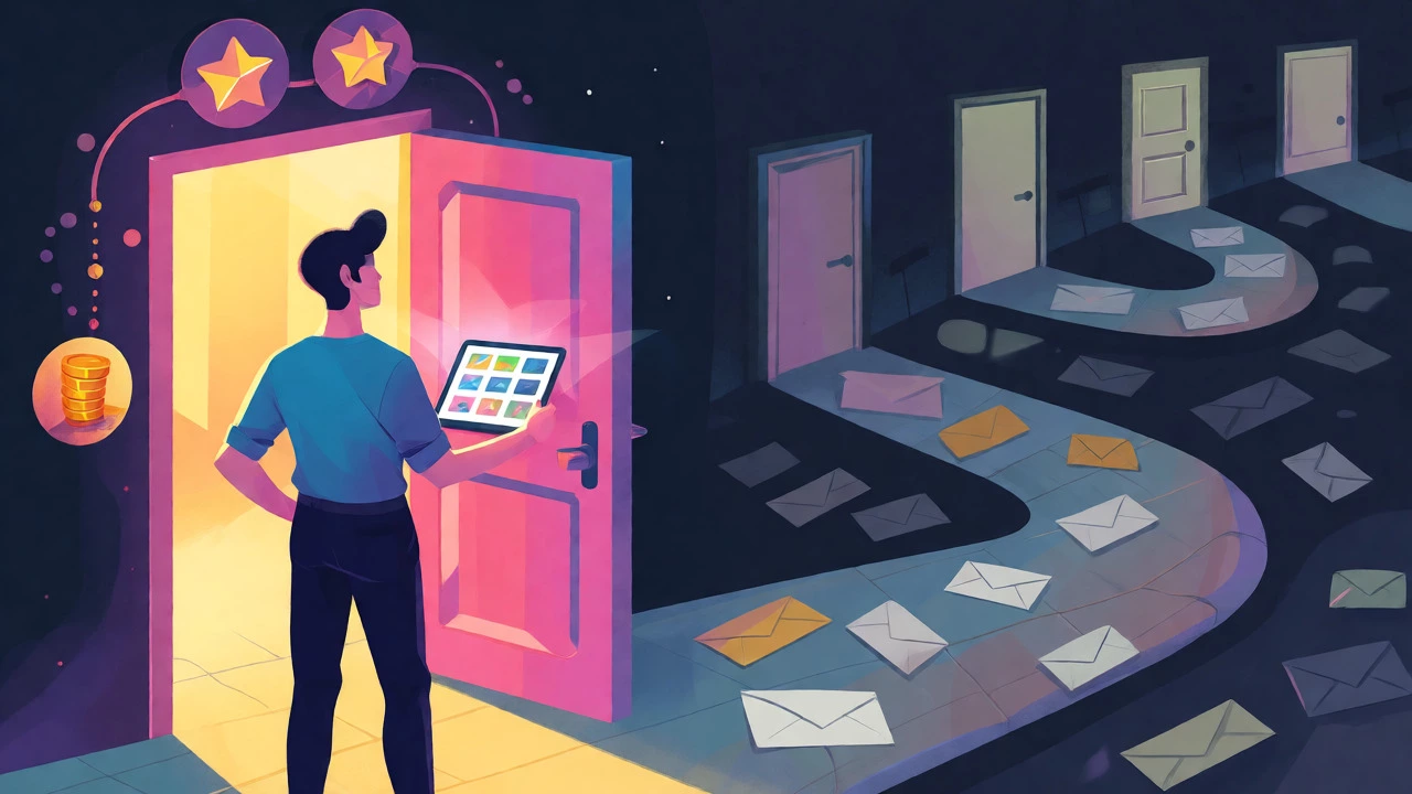 Illustration of an artist moving from rejection to success via digital strategy.