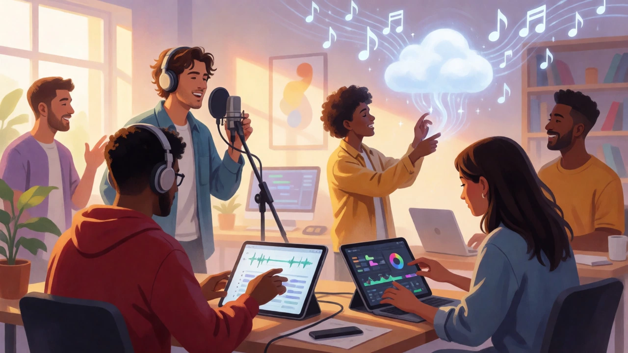 Independent musicians creating and sharing audio in a modern studio