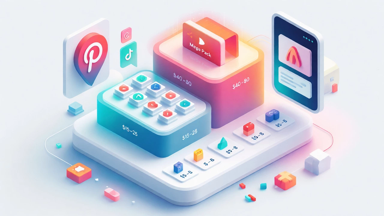 Isometric 3D visualization of tiered pricing strategies and marketing channels for digital products.