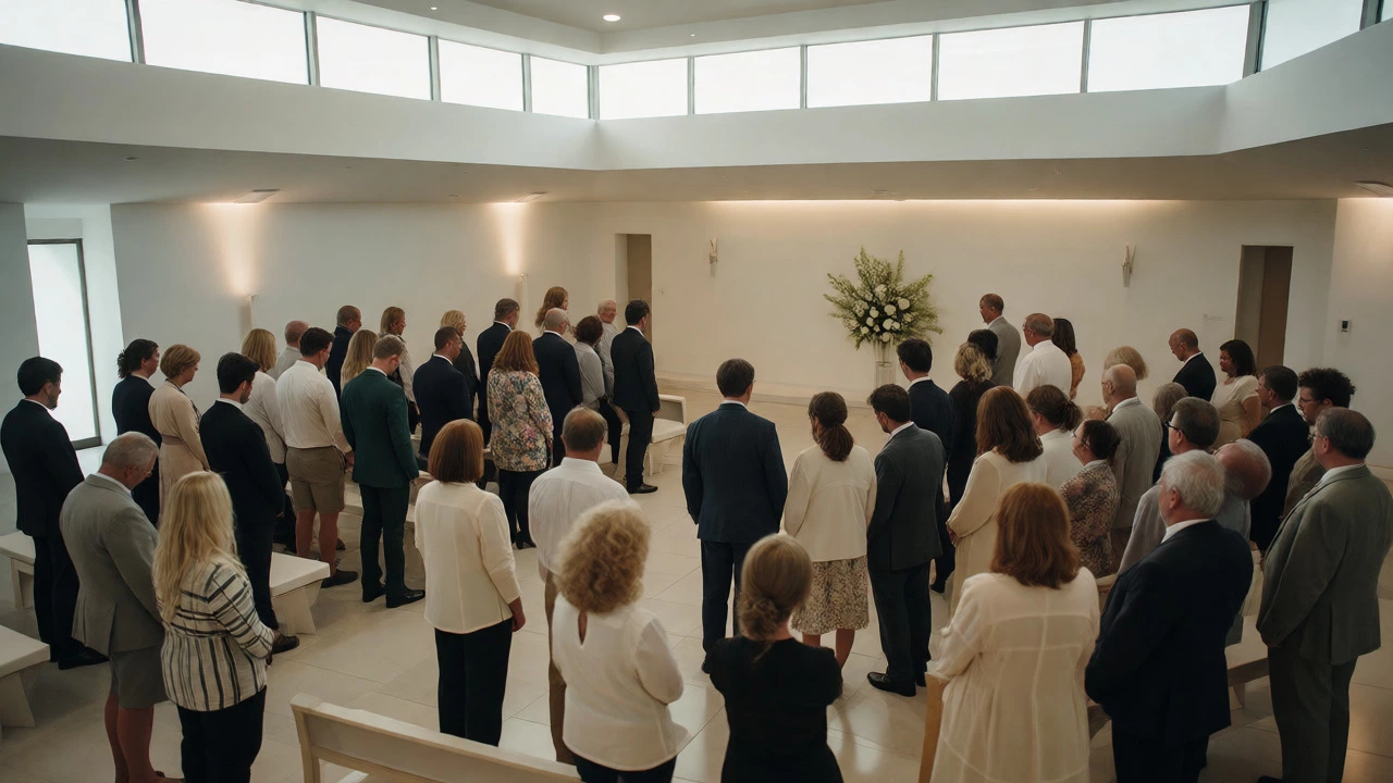 Mourners standing in a modern, bright crematorium chapel