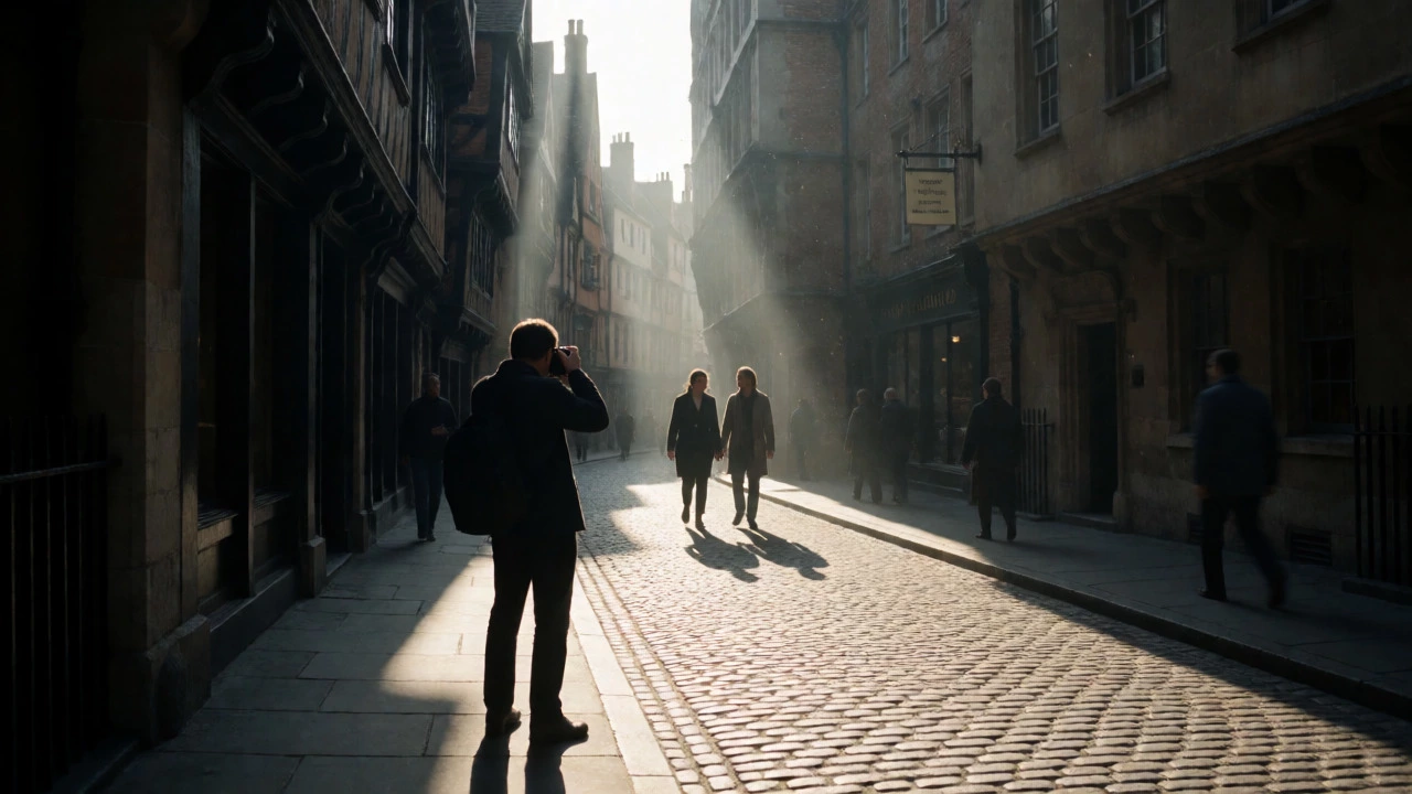 Silhouetted photographer capturing a decisive moment in a sunlit, geometric urban street.