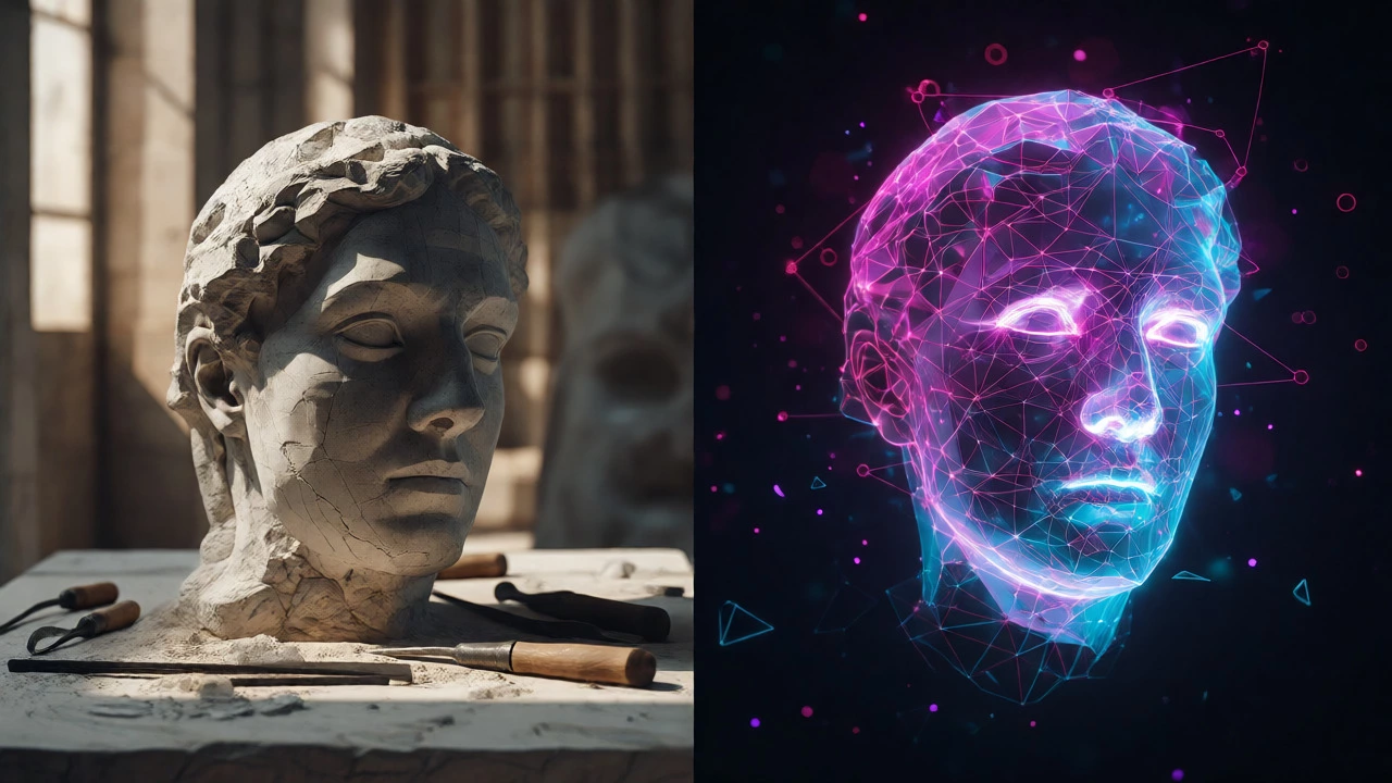 Split view comparing a stone sculpture with its holographic digital mesh counterpart