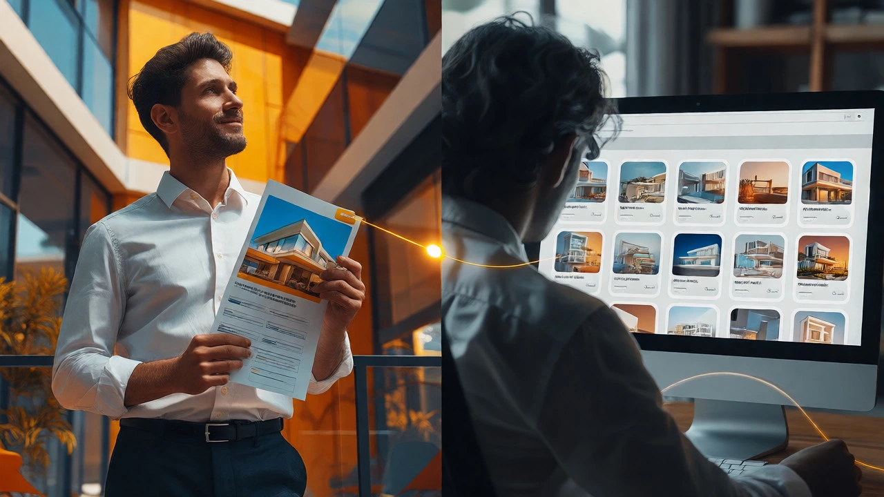 Split view comparing a successful real estate template use against generic social media design struggles.