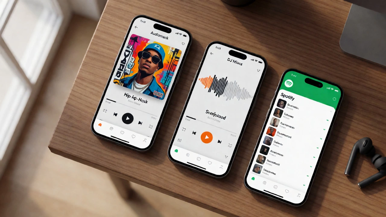 Three smartphones displaying different music streaming app interfaces