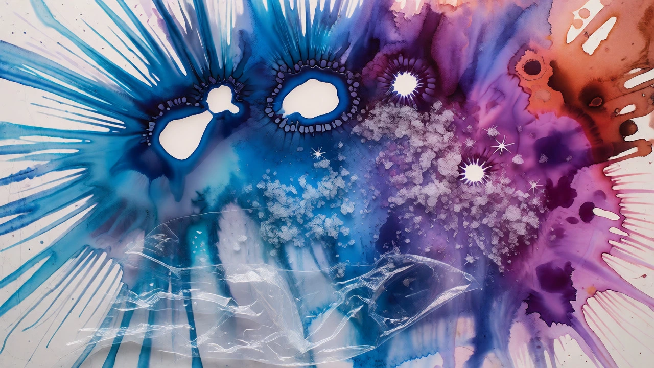 Abstract watercolor art featuring salt blooms, plastic wrap textures, and vibrant pigment bursts.
