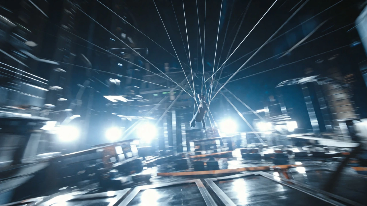 Acrobat performing dangerous wire work stunt on a chaotic musical stage