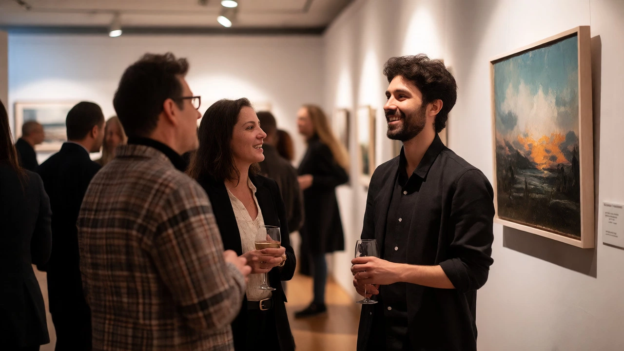 Artist talking with guests beside their framed painting at an exhibition opening.
